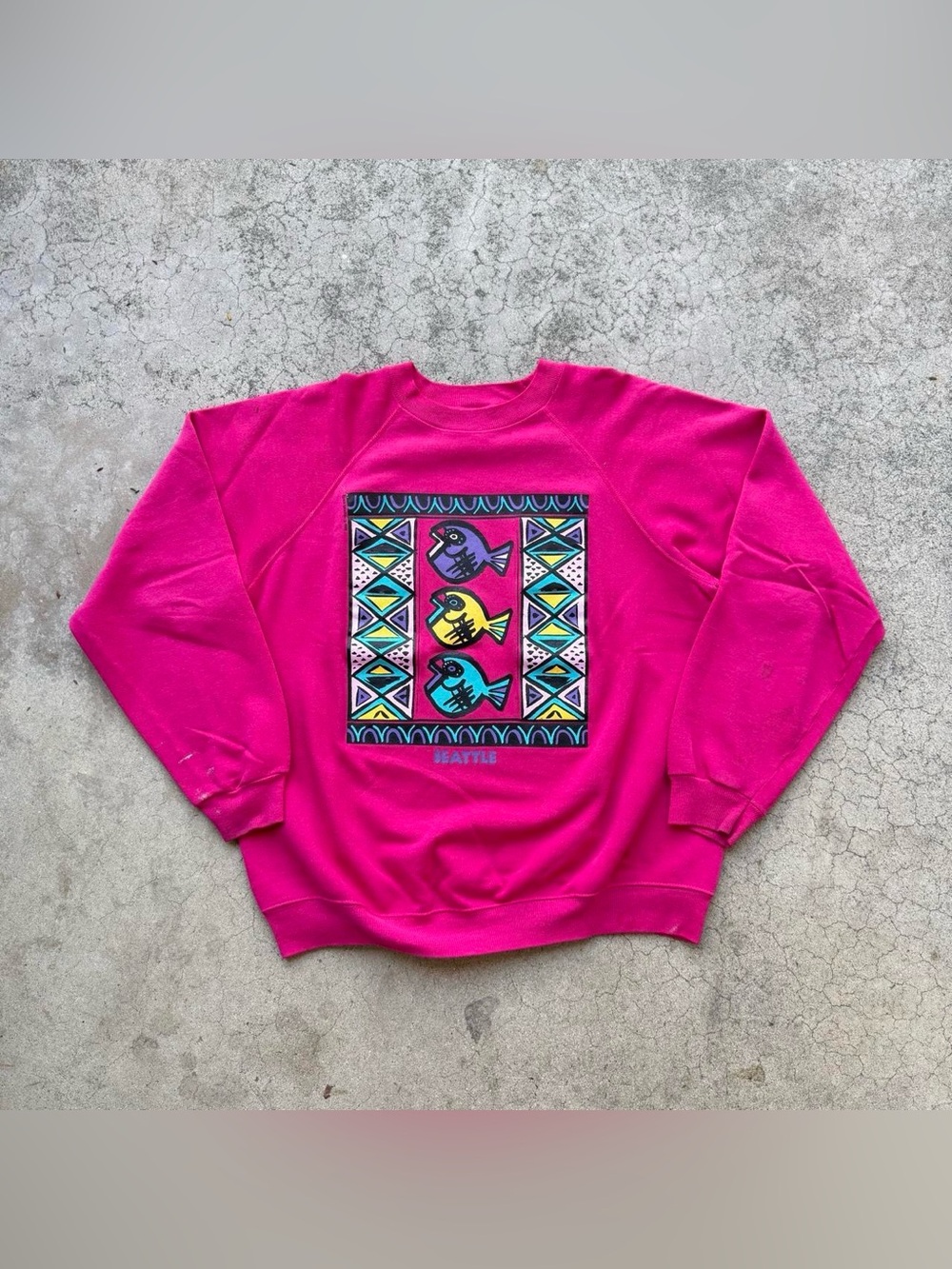 Vintage 80’s Raglan Seattle Washington Fish Souvenir Crewneck Sweater Sz XL